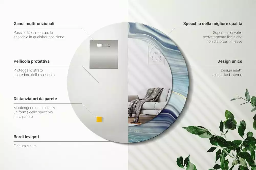 Miroir rond cadre avec impression Marbre bleu