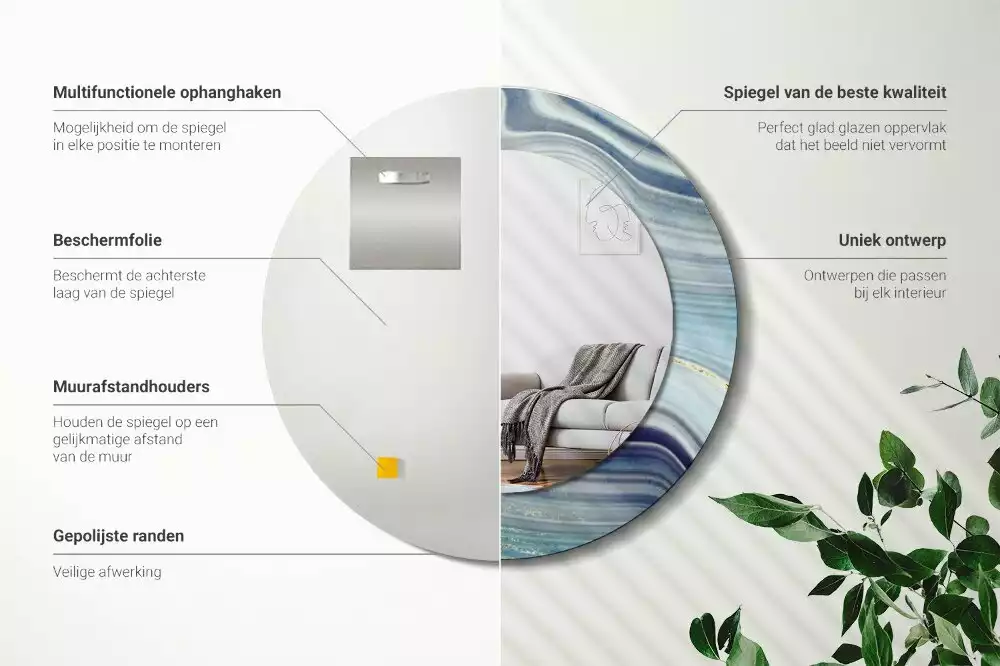 Miroir rond cadre avec impression Marbre bleu