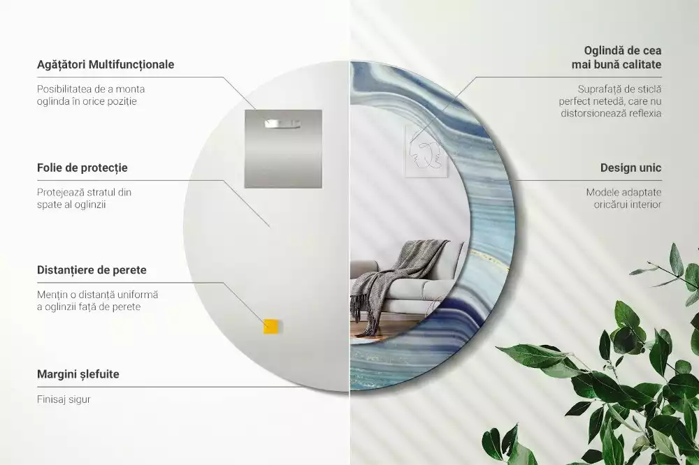 Miroir rond cadre avec impression Marbre bleu
