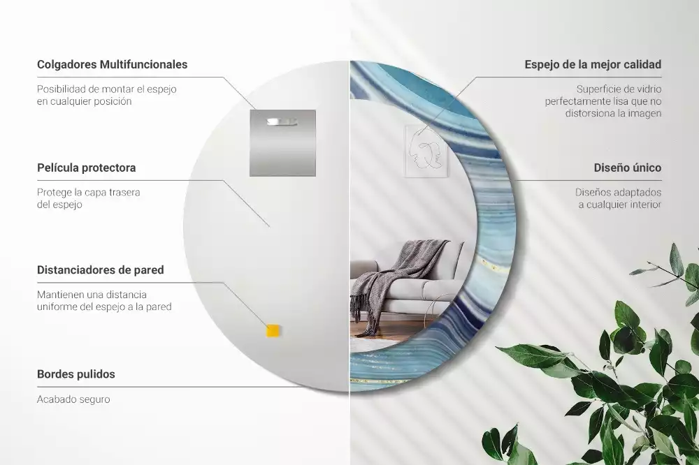 Miroir rond cadre avec impression Marbre bleu