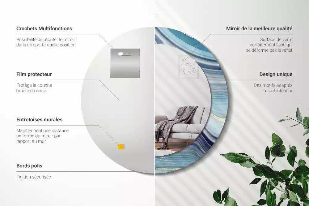 Miroir rond cadre avec impression Marbre bleu