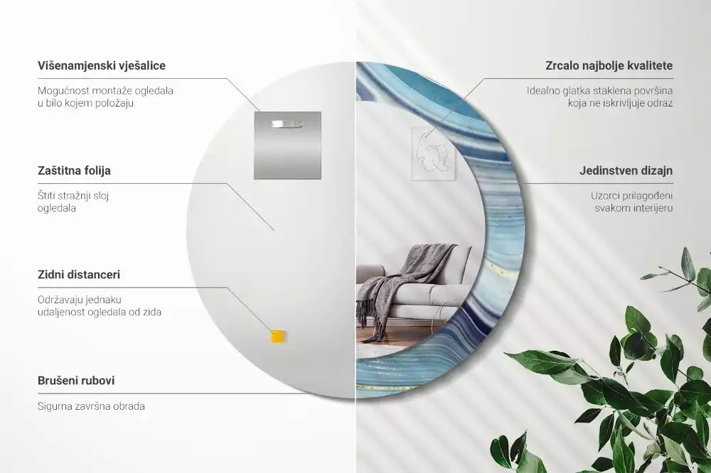 Miroir rond cadre avec impression Marbre bleu