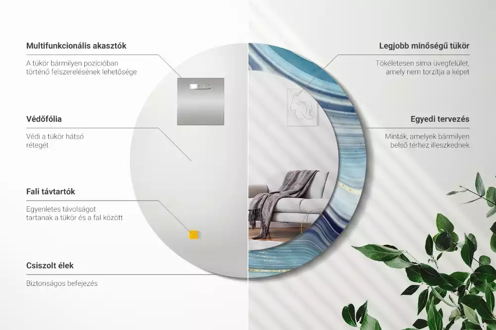 Miroir rond cadre avec impression Marbre bleu