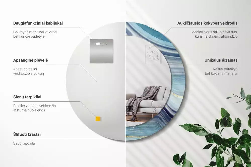 Miroir rond cadre avec impression Marbre bleu