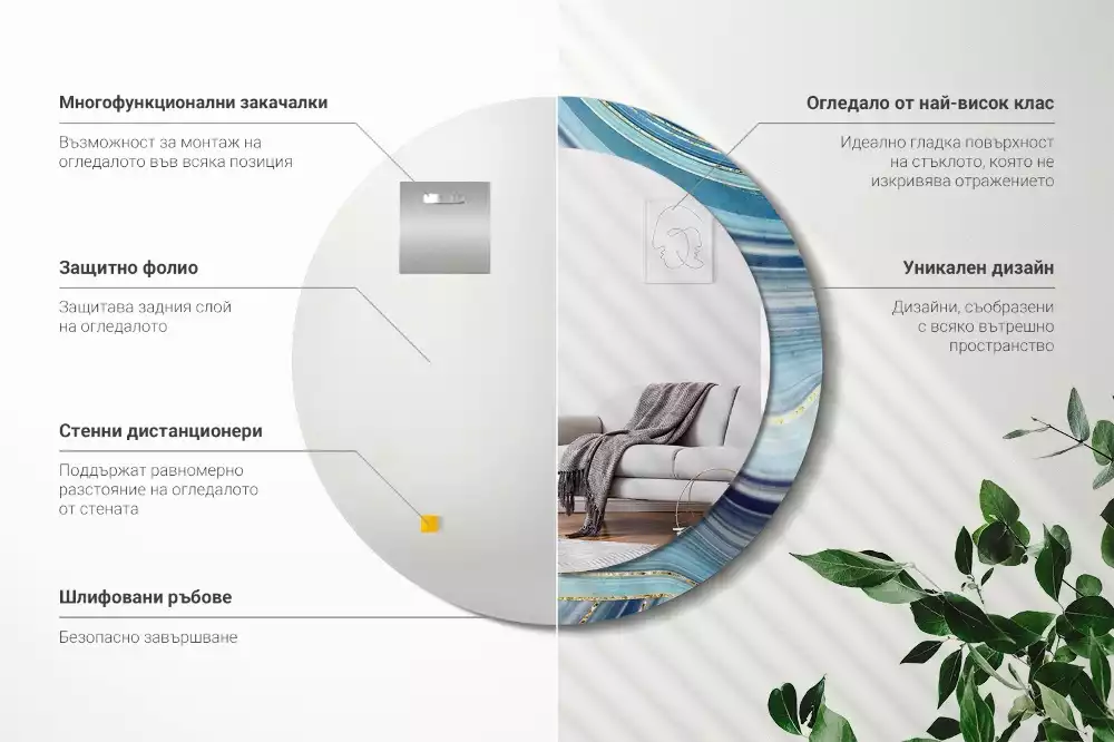 Miroir rond cadre avec impression Marbre bleu