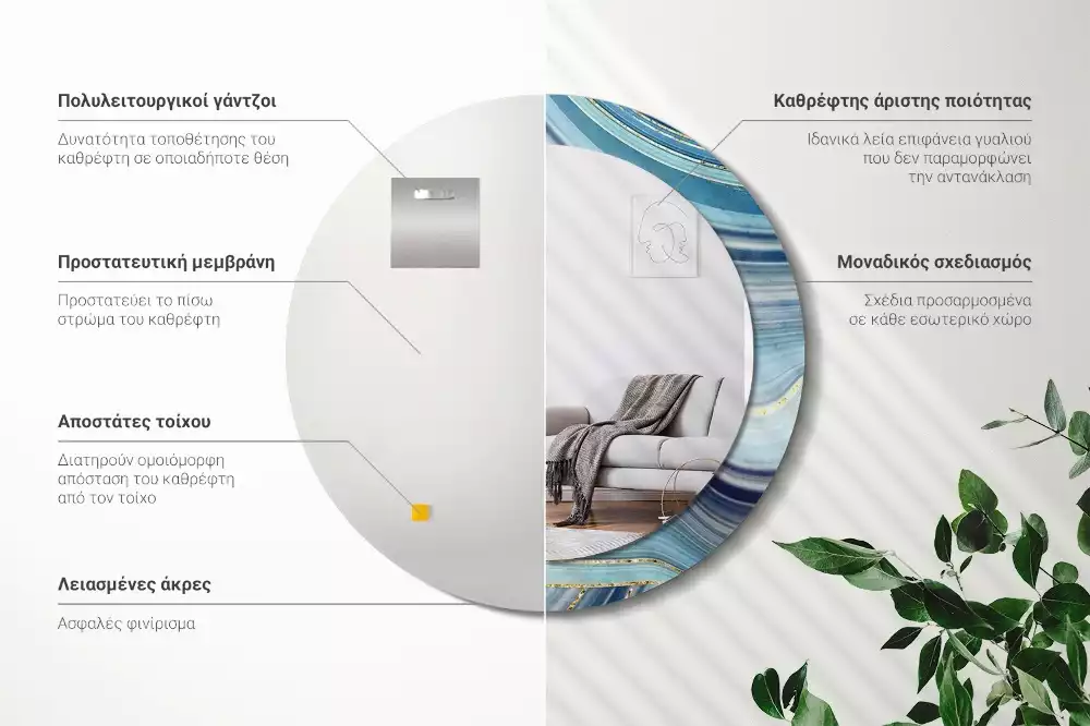 Miroir rond cadre avec impression Marbre bleu