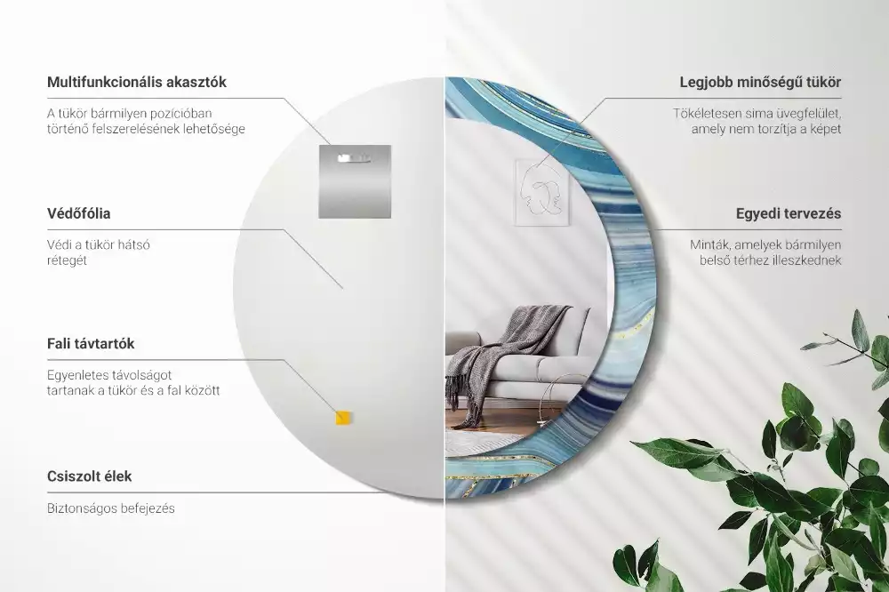 Miroir rond cadre avec impression Marbre bleu
