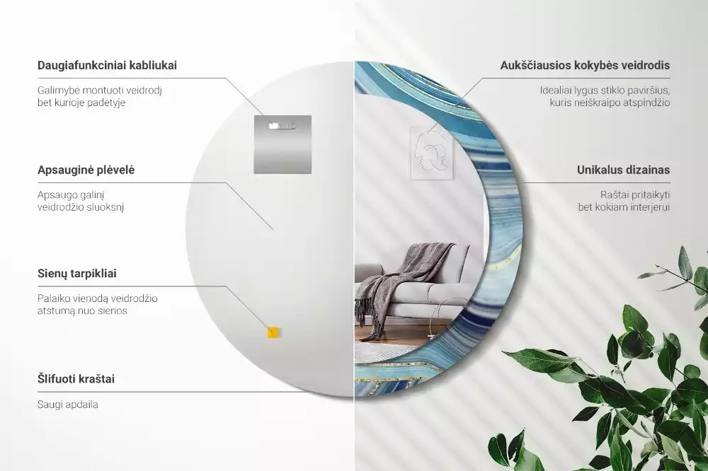 Miroir rond cadre avec impression Marbre bleu