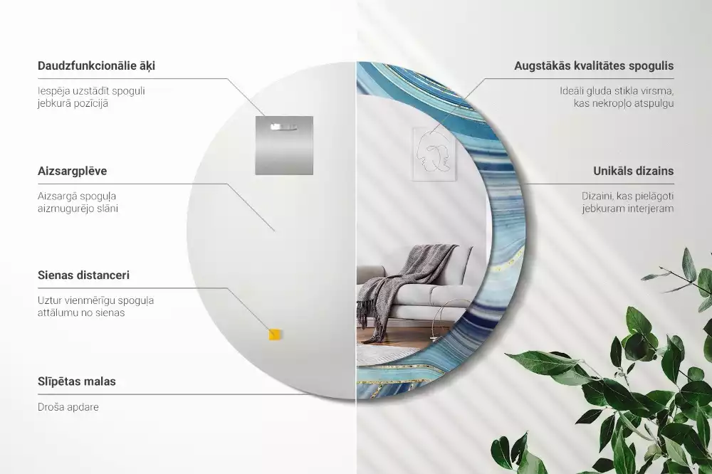 Miroir rond cadre avec impression Marbre bleu