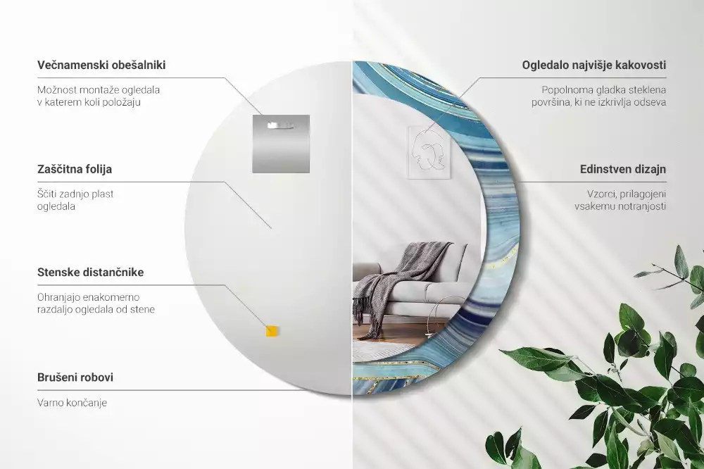 Miroir rond cadre avec impression Marbre bleu