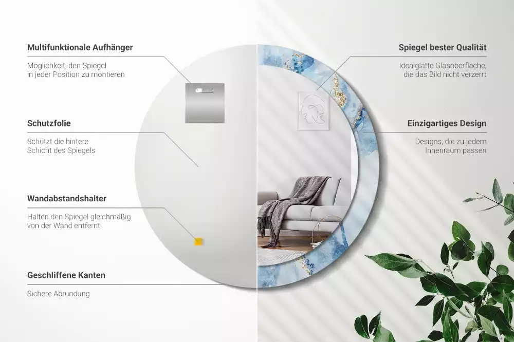 Miroir rond imprimé Marbre azur