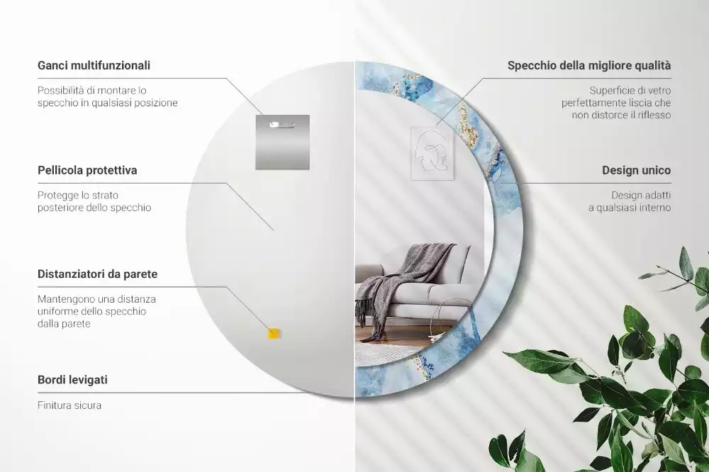Miroir rond imprimé Marbre azur