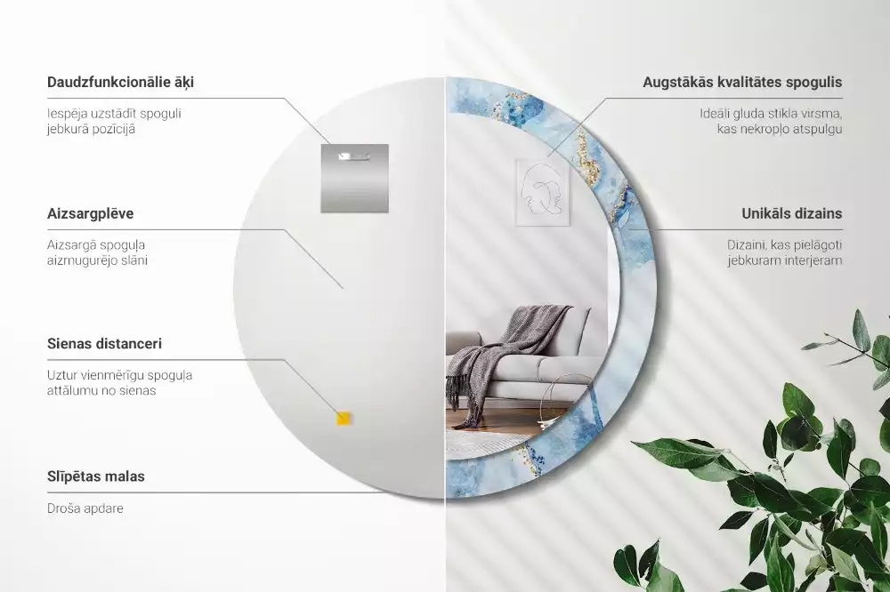 Miroir rond imprimé Marbre azur