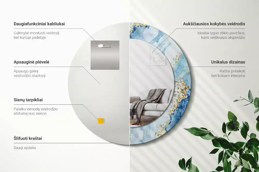 Miroir rond imprimé Marbre azur