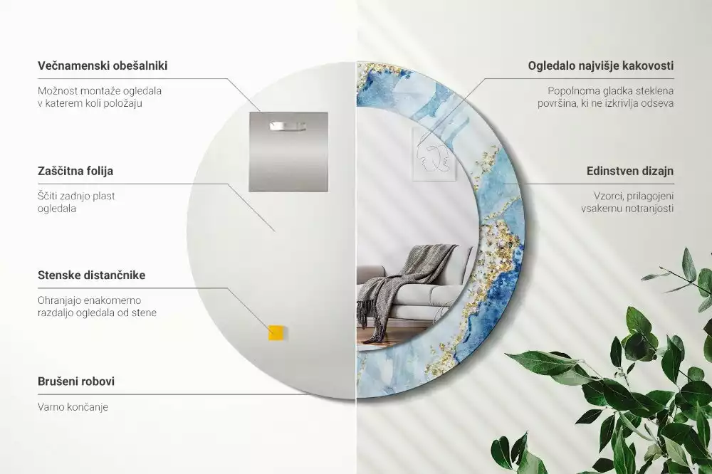 Miroir rond imprimé Marbre azur