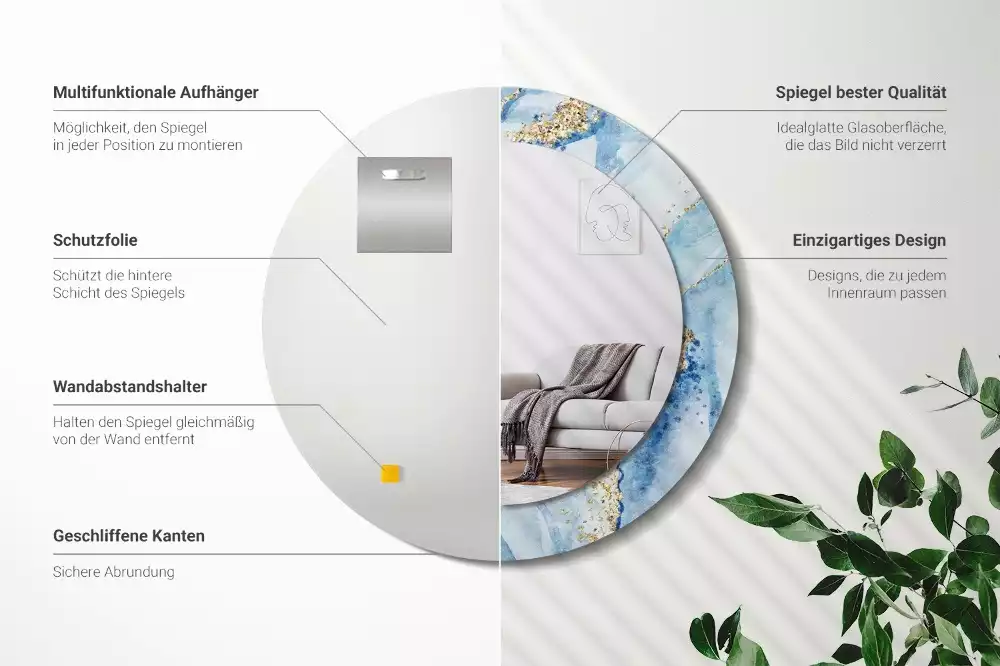 Miroir rond imprimé Marbre azur