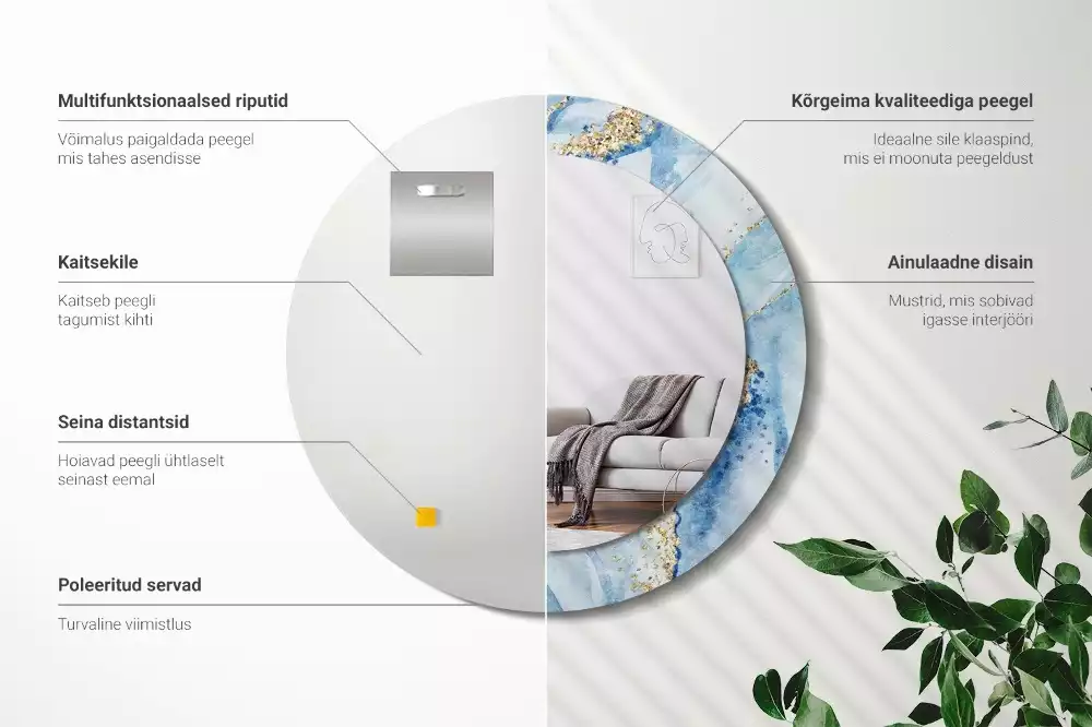 Miroir rond imprimé Marbre azur