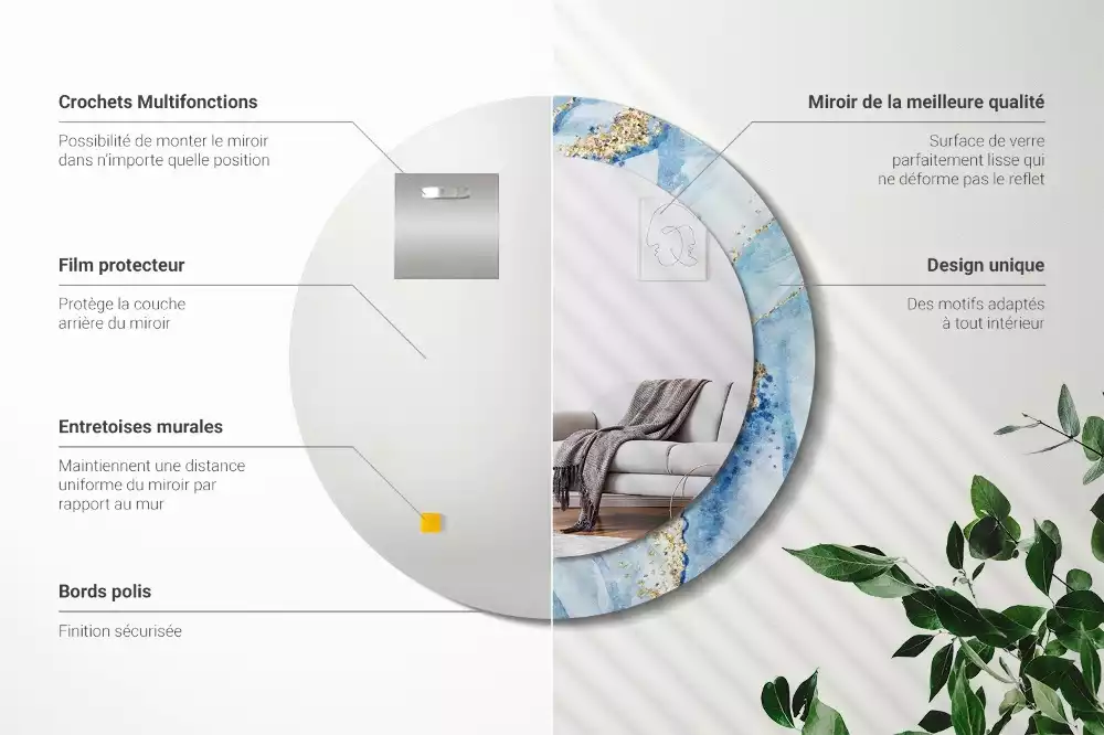 Miroir rond imprimé Marbre azur