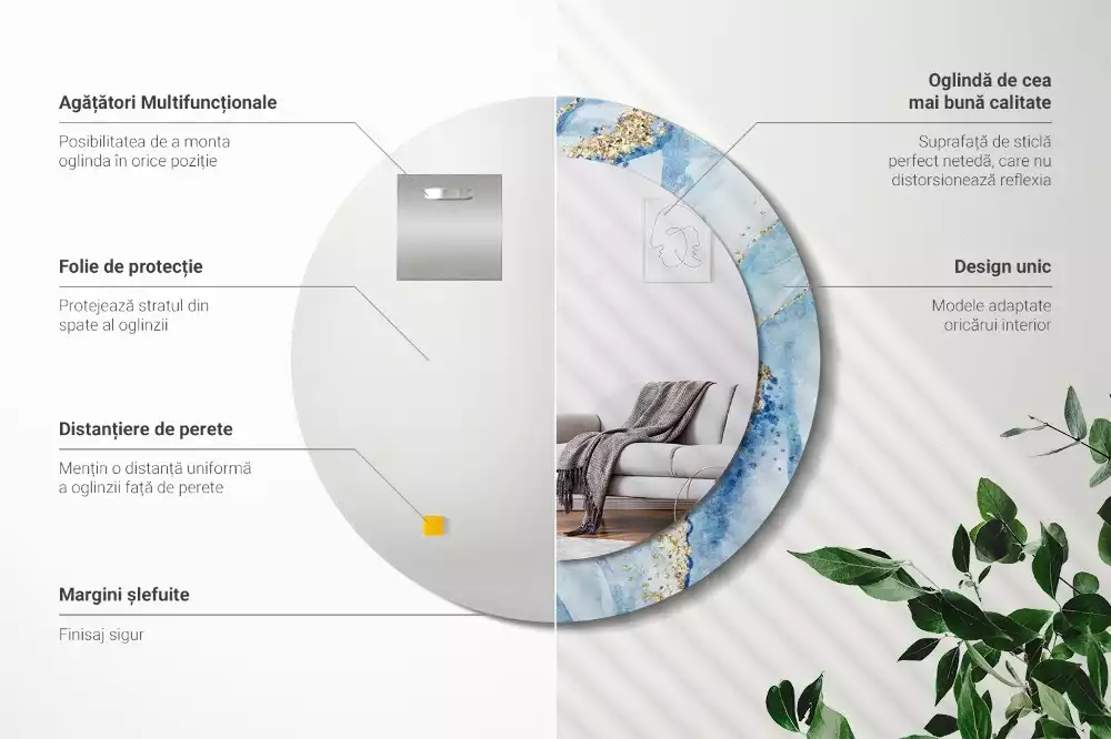 Miroir rond imprimé Marbre azur