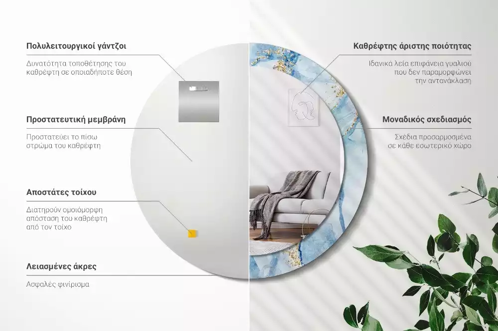 Miroir rond imprimé Marbre azur