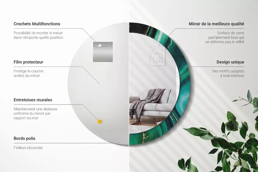 Miroir rond cadre avec impression Marbre émeraude