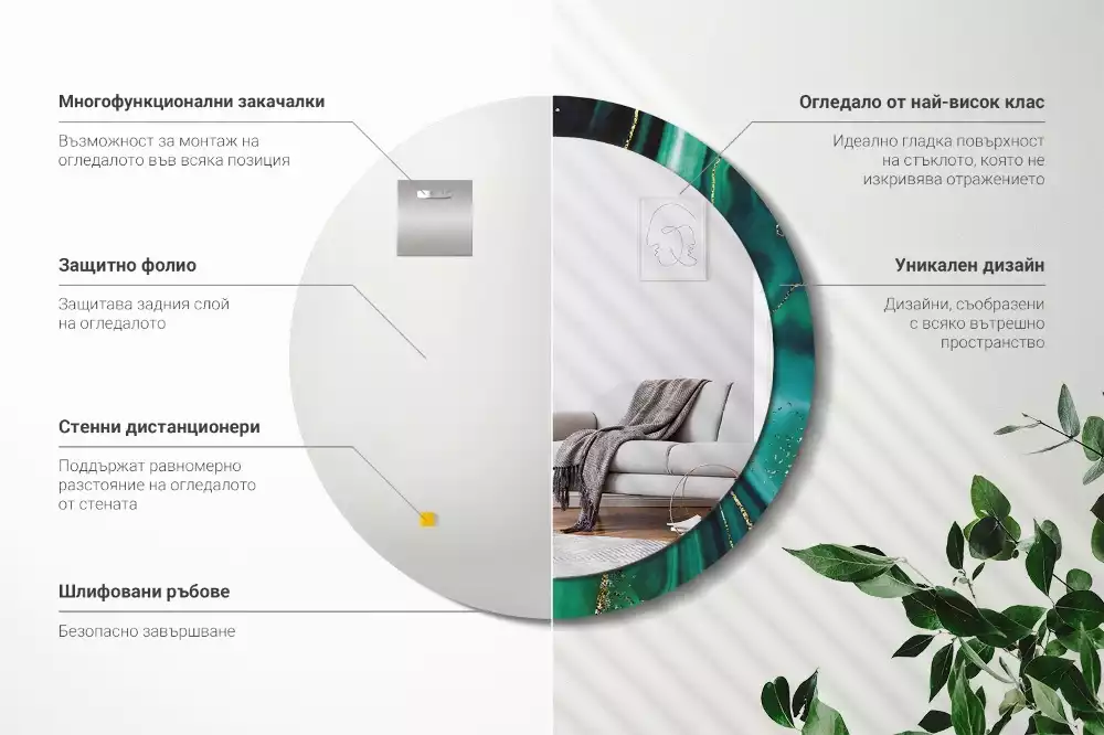 Miroir rond cadre avec impression Marbre émeraude