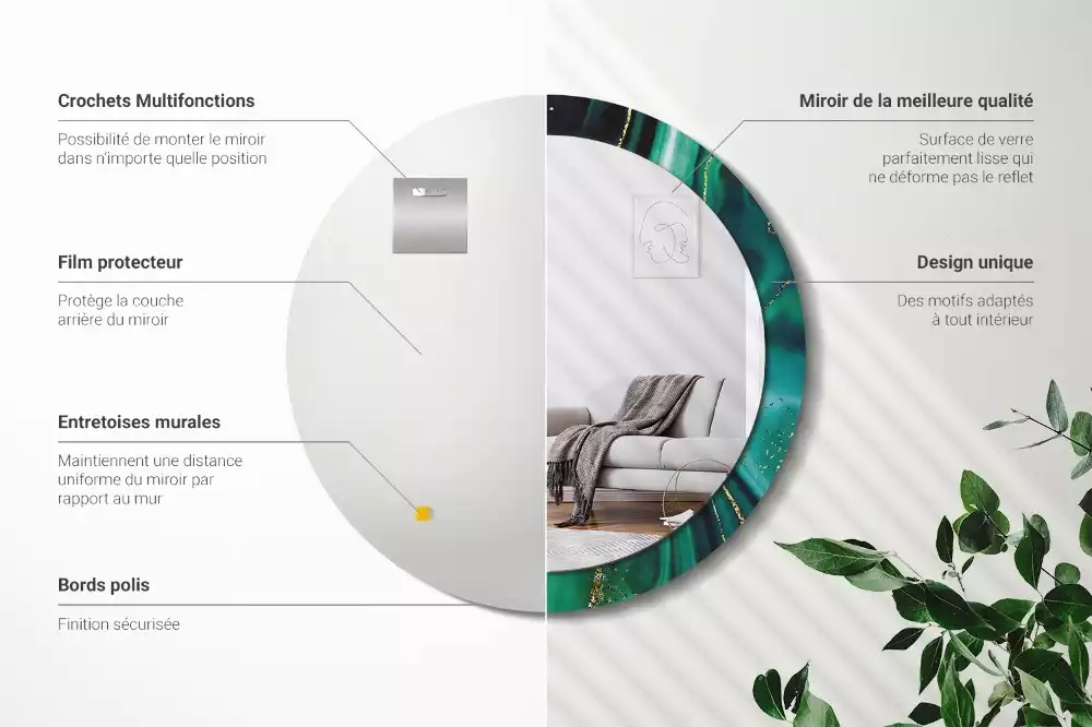 Miroir rond cadre avec impression Marbre émeraude