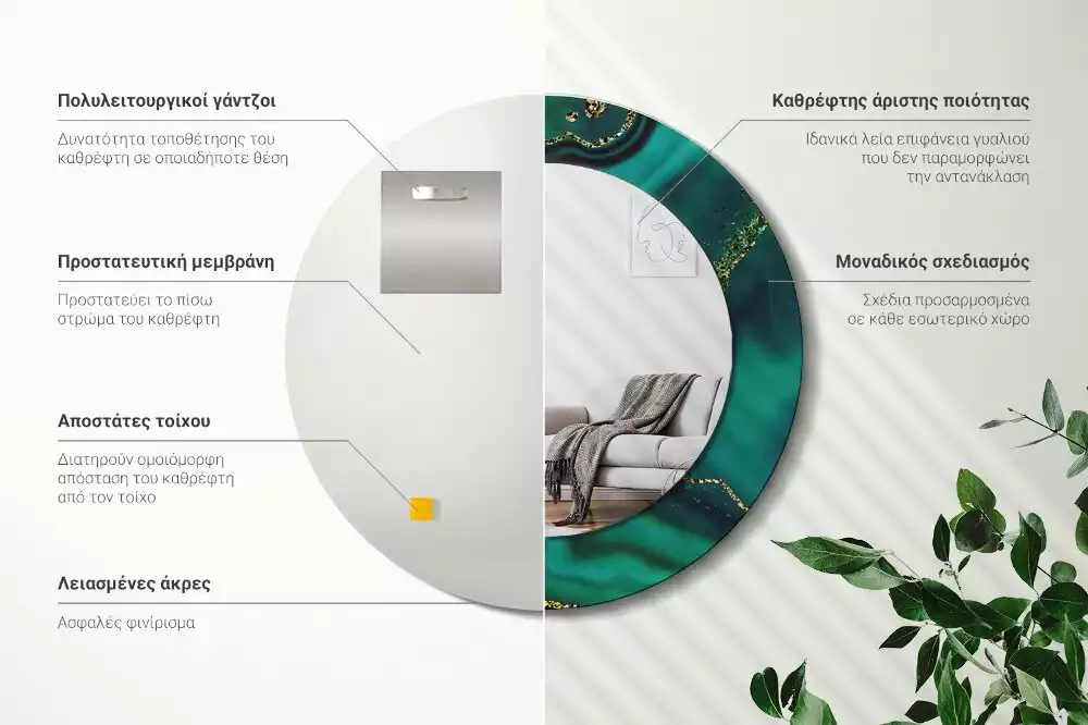 Miroir rond cadre avec impression Marbre émeraude