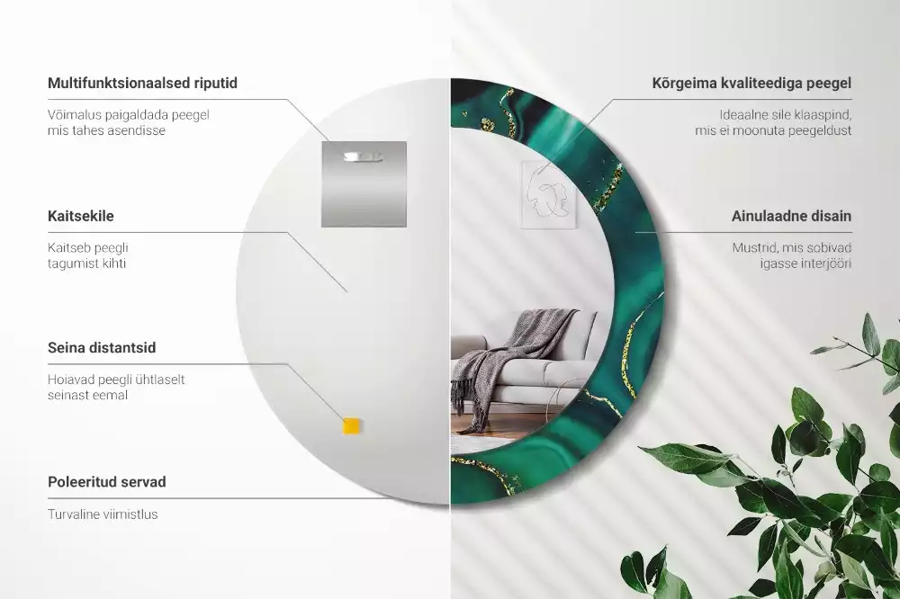 Miroir rond cadre avec impression Marbre émeraude