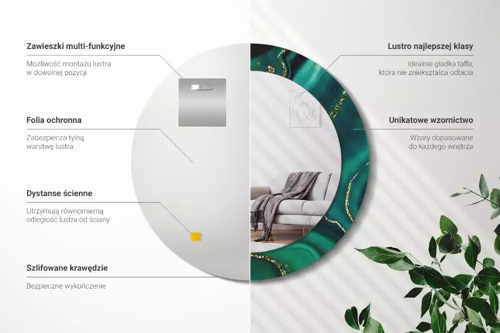 Miroir rond cadre avec impression Marbre émeraude