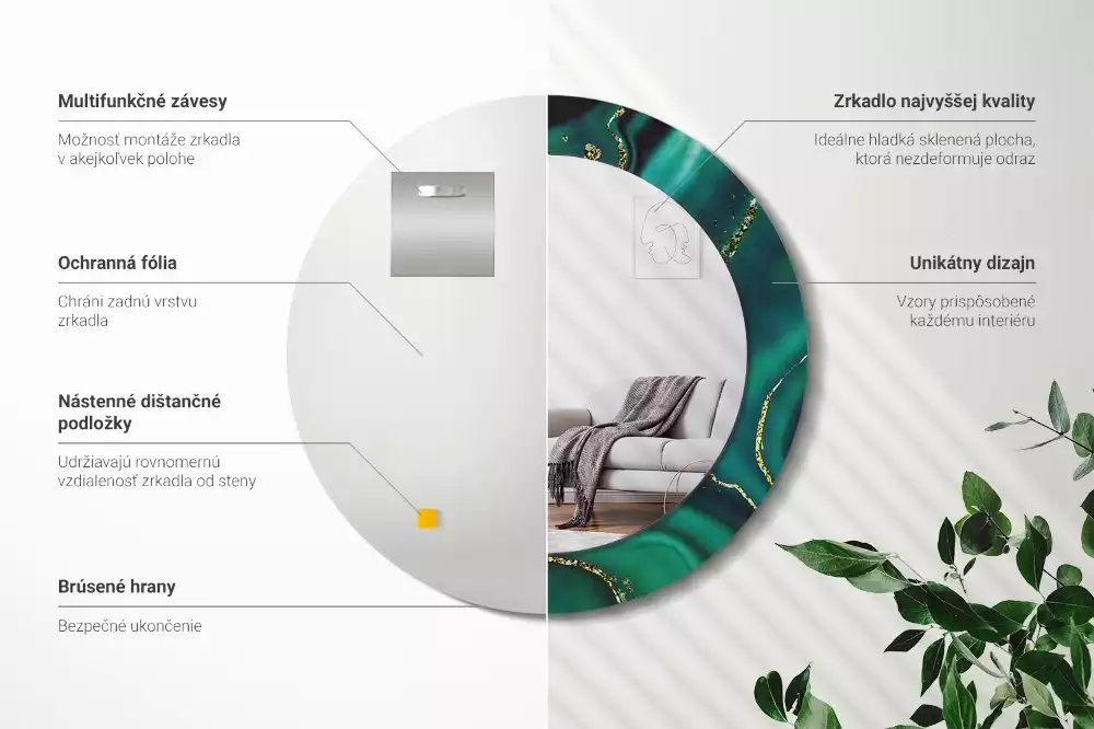 Miroir rond cadre avec impression Marbre émeraude