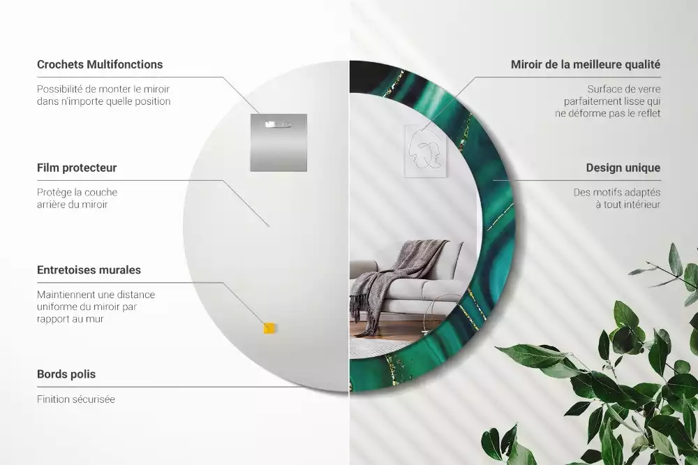 Miroir rond cadre avec impression Marbre émeraude