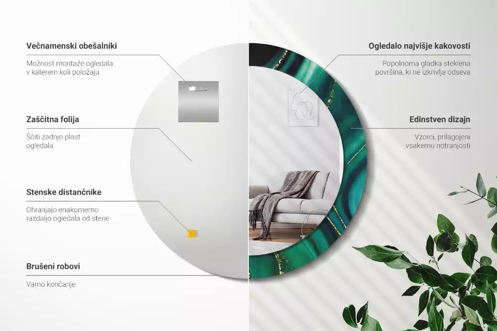 Miroir rond cadre avec impression Marbre émeraude