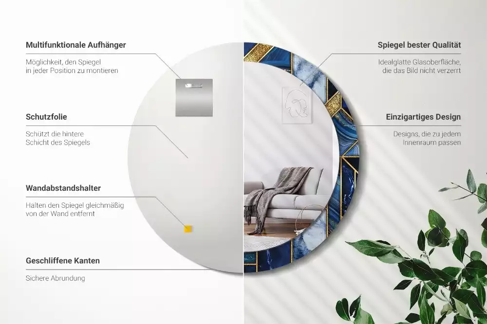 Miroir rond cadre avec impression Marbre moderne