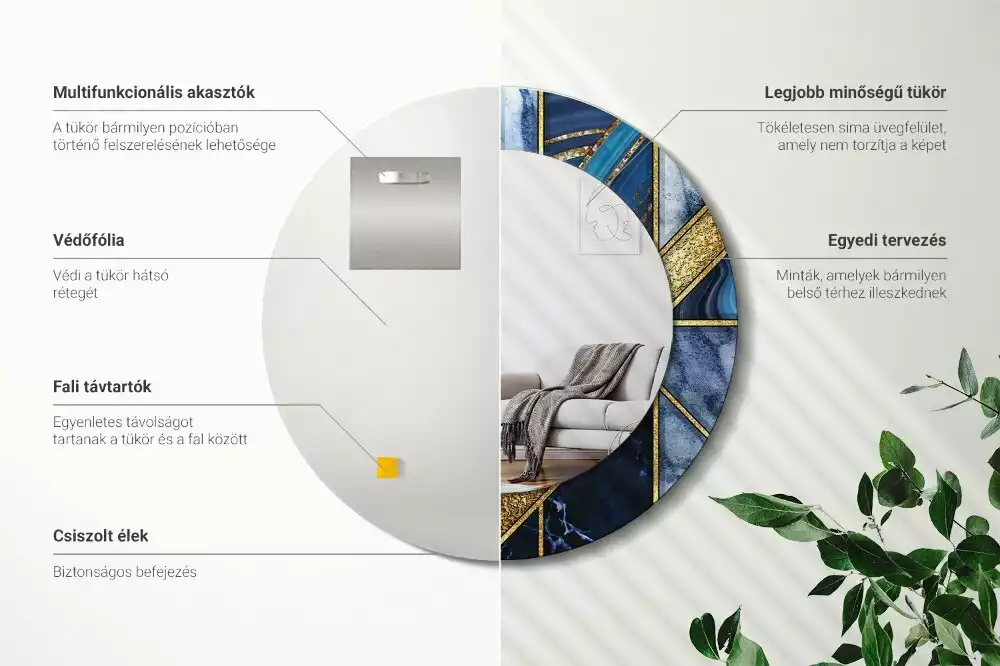 Miroir rond cadre avec impression Marbre moderne