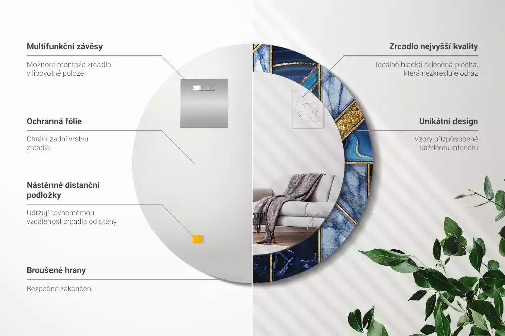 Miroir rond cadre avec impression Marbre moderne