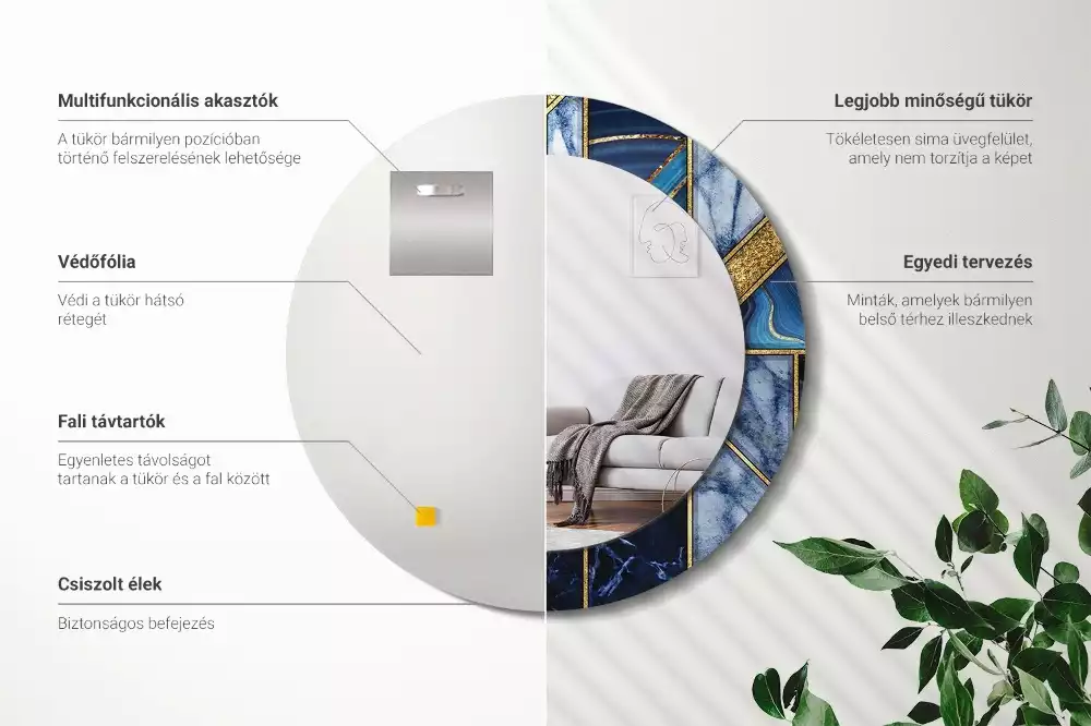 Miroir rond cadre avec impression Marbre moderne