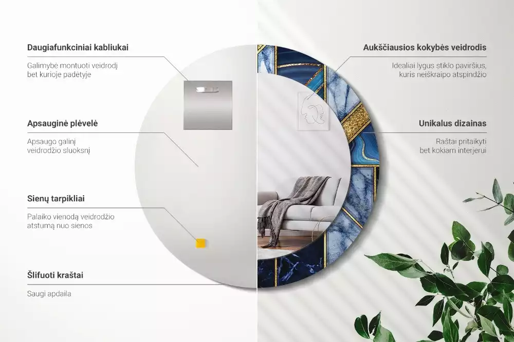 Miroir rond cadre avec impression Marbre moderne