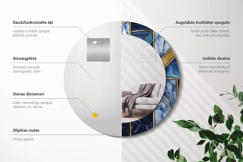 Miroir rond cadre avec impression Marbre moderne