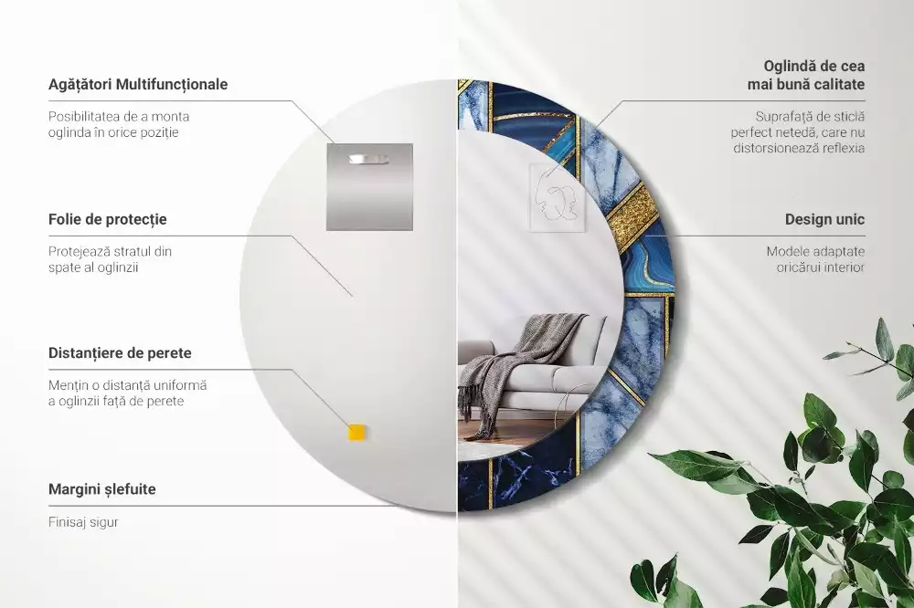 Miroir rond cadre avec impression Marbre moderne