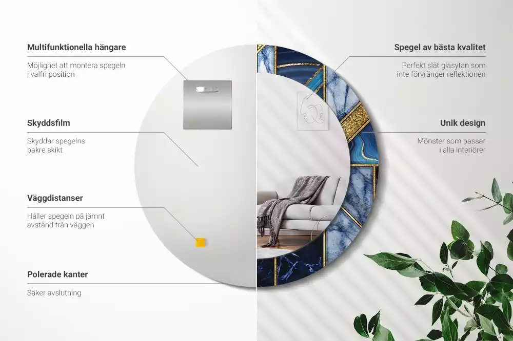 Miroir rond cadre avec impression Marbre moderne