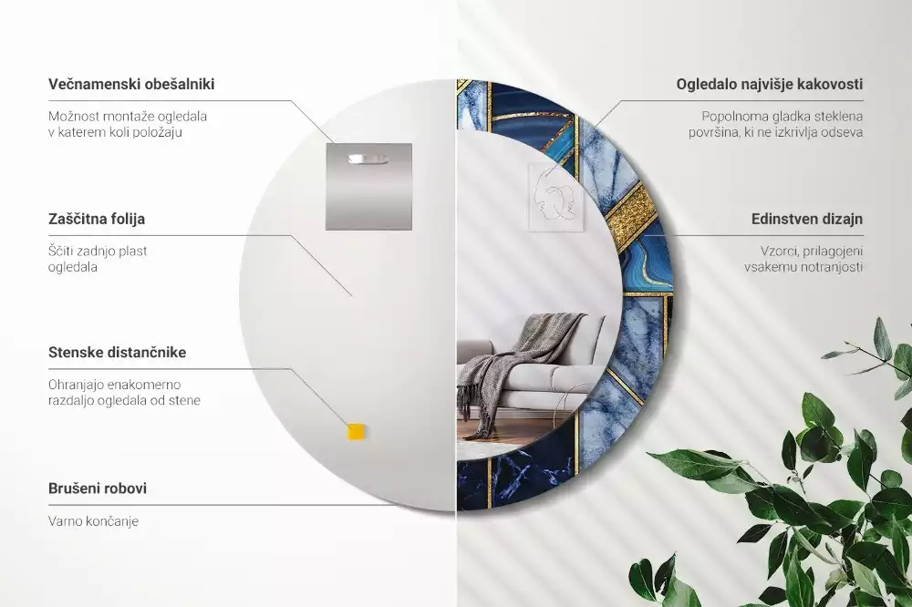 Miroir rond cadre avec impression Marbre moderne