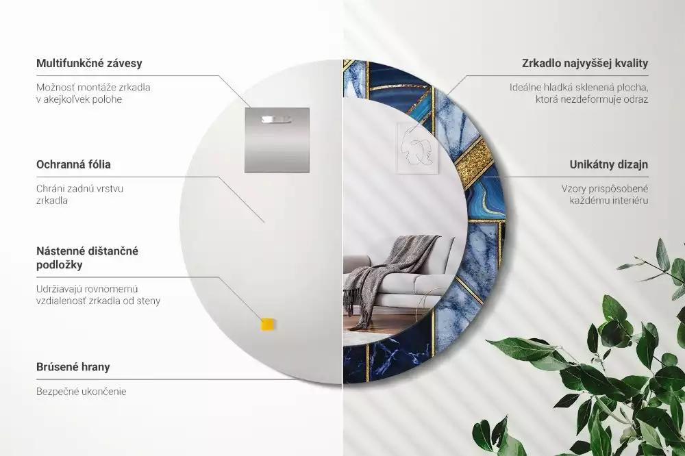 Miroir rond cadre avec impression Marbre moderne