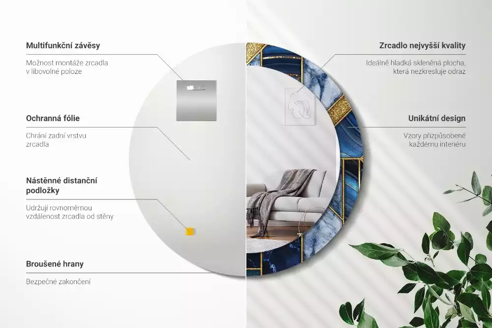 Miroir rond cadre avec impression Marbre moderne