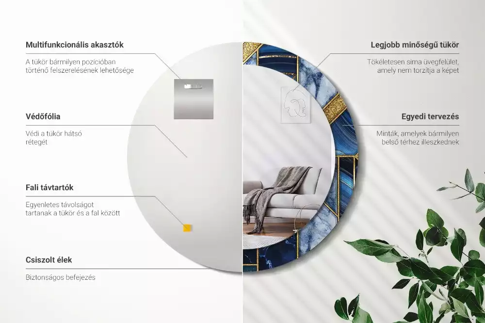 Miroir rond cadre avec impression Marbre moderne