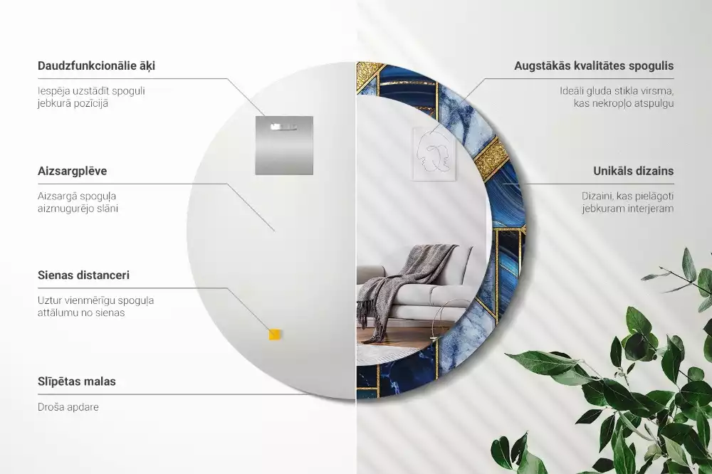 Miroir rond cadre avec impression Marbre moderne