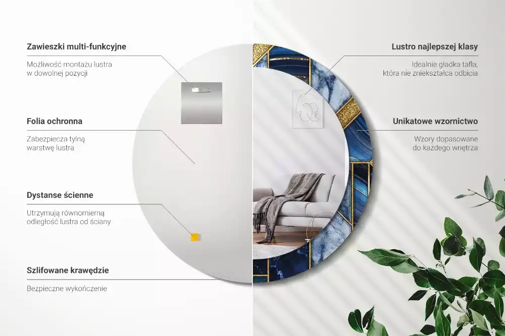 Miroir rond cadre avec impression Marbre moderne