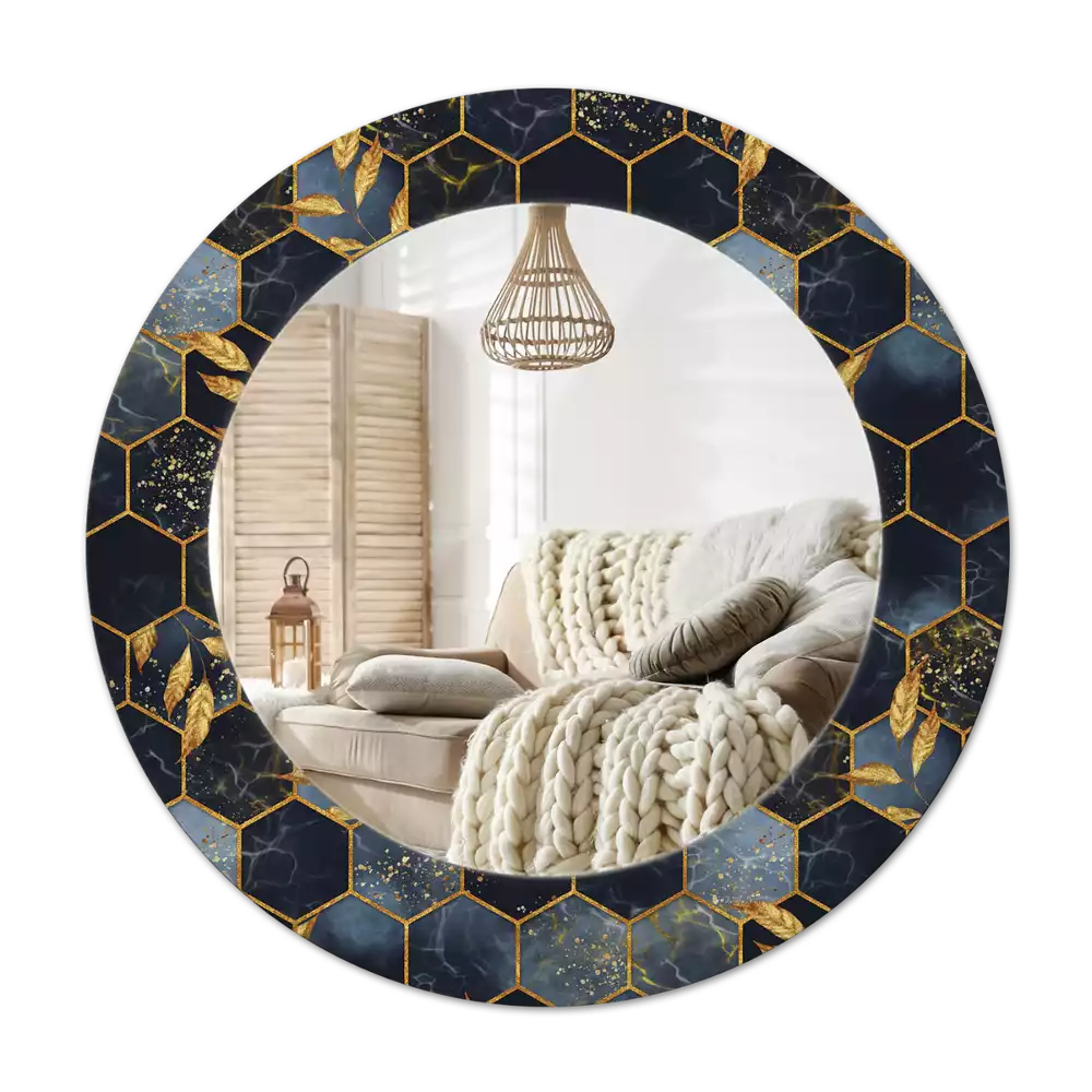 Miroir rond cadre avec impression Hexagone marbré