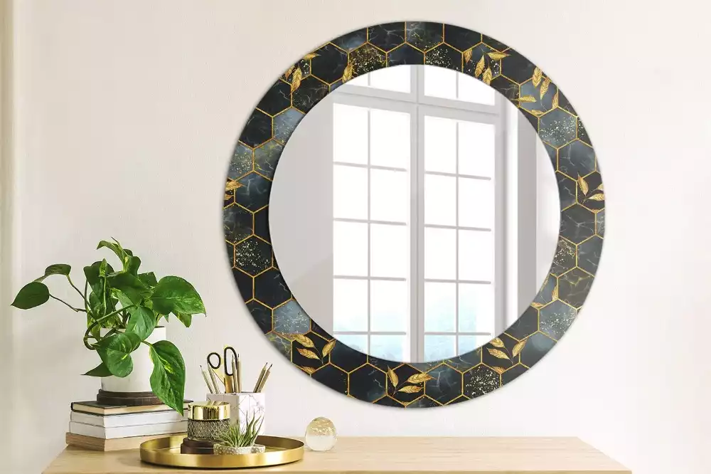 Miroir rond cadre avec impression Hexagone marbré