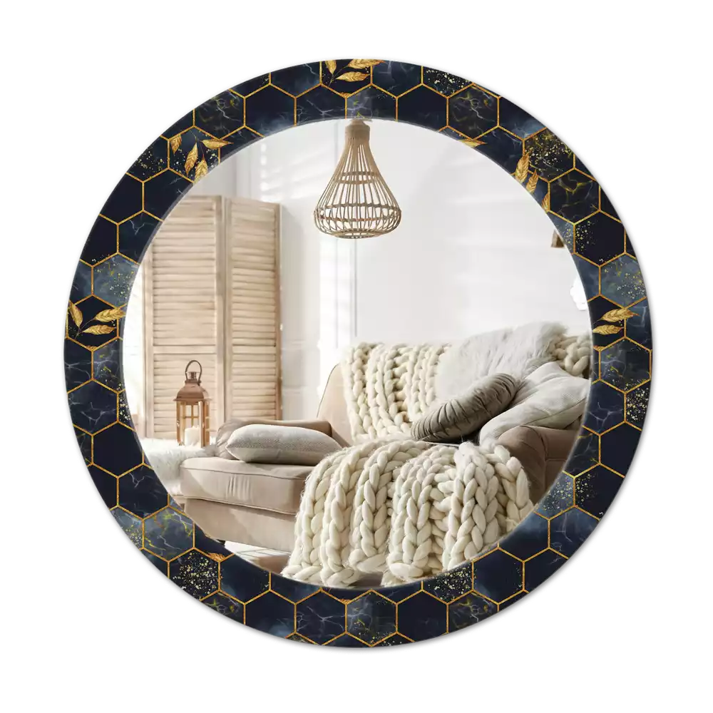 Miroir rond cadre avec impression Hexagone marbré